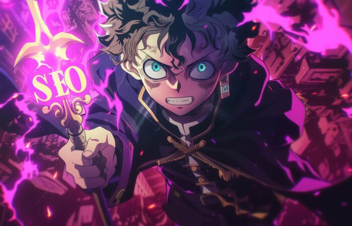 Eine Anime-Figur mit intensiv blauen Augen und wildem, dunklem Haar hält ein leuchtendes Schwert mit der Aufschrift „SEO“. Die Szene ist dramatisch, mit wirbelnder violetter Energie und einer Stadtlandschaft im Hintergrund, die eine dynamische und kraftvolle Atmosphäre schafft, die für unverzichtbare Online-Sichtbarkeit unerlässlich ist.