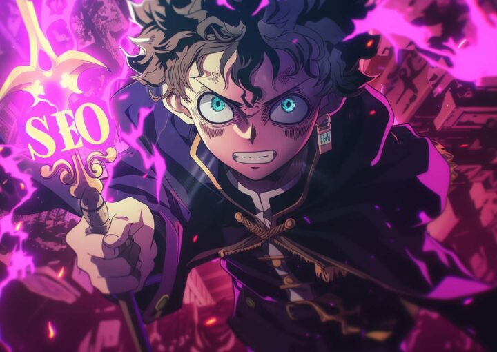 Eine Anime-Figur mit intensiv blauen Augen und wildem, dunklem Haar hält ein leuchtendes Schwert mit der Aufschrift „SEO“. Die Szene ist dramatisch, mit wirbelnder violetter Energie und einer Stadtlandschaft im Hintergrund, die eine dynamische und kraftvolle Atmosphäre schafft, die für unverzichtbare Online-Sichtbarkeit unerlässlich ist.