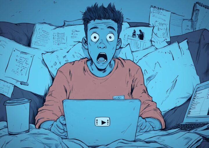 Illustriertes Bild einer Person, die mit schockiertem Gesichtsausdruck auf einer Couch sitzt und sich auf einem Laptop Google-Suchergebnisse ansieht. Der Hintergrund ist mit Notizen und Papieren übersät. Neben der Person sind außerdem eine Kaffeetasse und ein weiterer Laptop zu sehen, alles in Blautönen dargestellt.