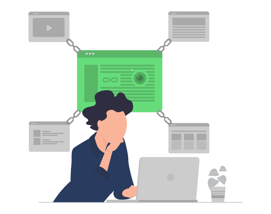 Abbildung einer Person, die an einem Schreibtisch sitzt und auf einen Laptop schaut. Verschiedene Multimediasymbole, die unterschiedliche Inhaltstypen (Video, Artikel, Webseite usw.) darstellen, sind um die Person herum angeordnet und deuten auf eine Interaktion mit mehreren Online-Ressourcen und Website-Design hin. Auf dem Schreibtisch steht eine Pflanze.