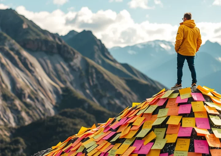 Eine Person in einer gelben Jacke steht auf einem Hügel, der mit bunten Haftnotizen bedeckt ist, und genießt die malerische Aussicht auf das bergige Gelände. Der Himmel ist teilweise bewölkt und die Berge im Hintergrund sind üppig und majestätisch.