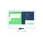 Abbildung eines Computerbildschirms, auf dem eine einseitige Website-Oberfläche mit Code angezeigt wird. Der Bildschirm ist geteilt, wobei auf der linken Seite ein Webseiten-Layout und auf der rechten Seite Codezeilen angezeigt werden. Schwebende Symbole mit Codeklammern und „CSS“ werden neben dem Bildschirm platziert.