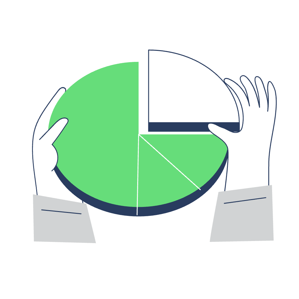 Abbildung von zwei Händen, die ein Kreisdiagramm stützen. Das Diagramm ähnelt einem WordPress-Dashboard und ist in vier Segmente unterteilt, von denen drei grün und eines, das kleinste, weiß sind.
