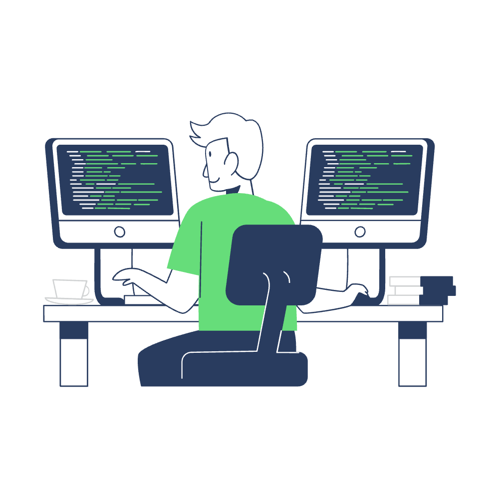 Eine Person sitzt an einem Schreibtisch mit zwei Computermonitoren, auf denen TYPO3-Code angezeigt wird. Beide Hände tippen eifrig auf der Tastatur, möglicherweise um eine Erweiterung zu erstellen. Auf dem Tisch stehen eine Tasse und gestapelte Bücher, und die Person trägt ein grünes Hemd.