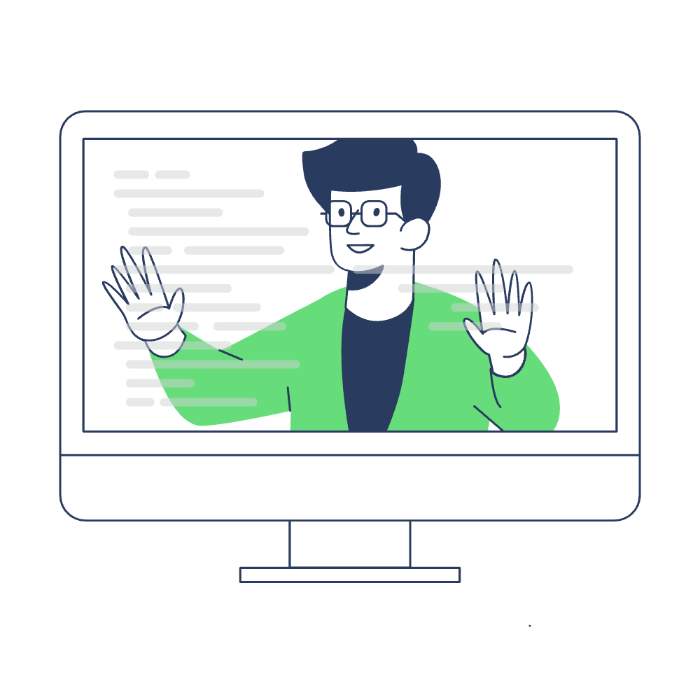 Eine lebendige Illustration zeigt eine Person in einer grünen Jacke und Brille vor einem Computerbildschirm, die mit digitalen Inhalten interagiert. Codezeilen umkreisen die Figur und evozieren die dynamische Interaktion, die oft für die WordPress-Wartung erforderlich ist.