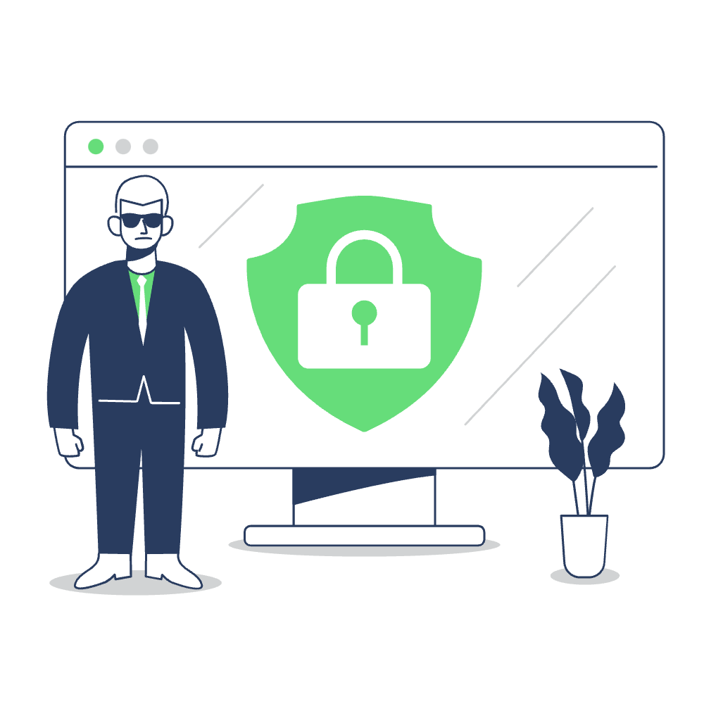 Eine Illustration zeigt eine Person im Anzug mit Sonnenbrille, die neben einem großen Computerbildschirm steht, auf dem ein grünes Schild mit einem Schlosssymbol angezeigt wird, das WordPress-Wartung symbolisiert. Für einen Hauch von Natur steht neben dem Monitor eine kleine Pflanze.