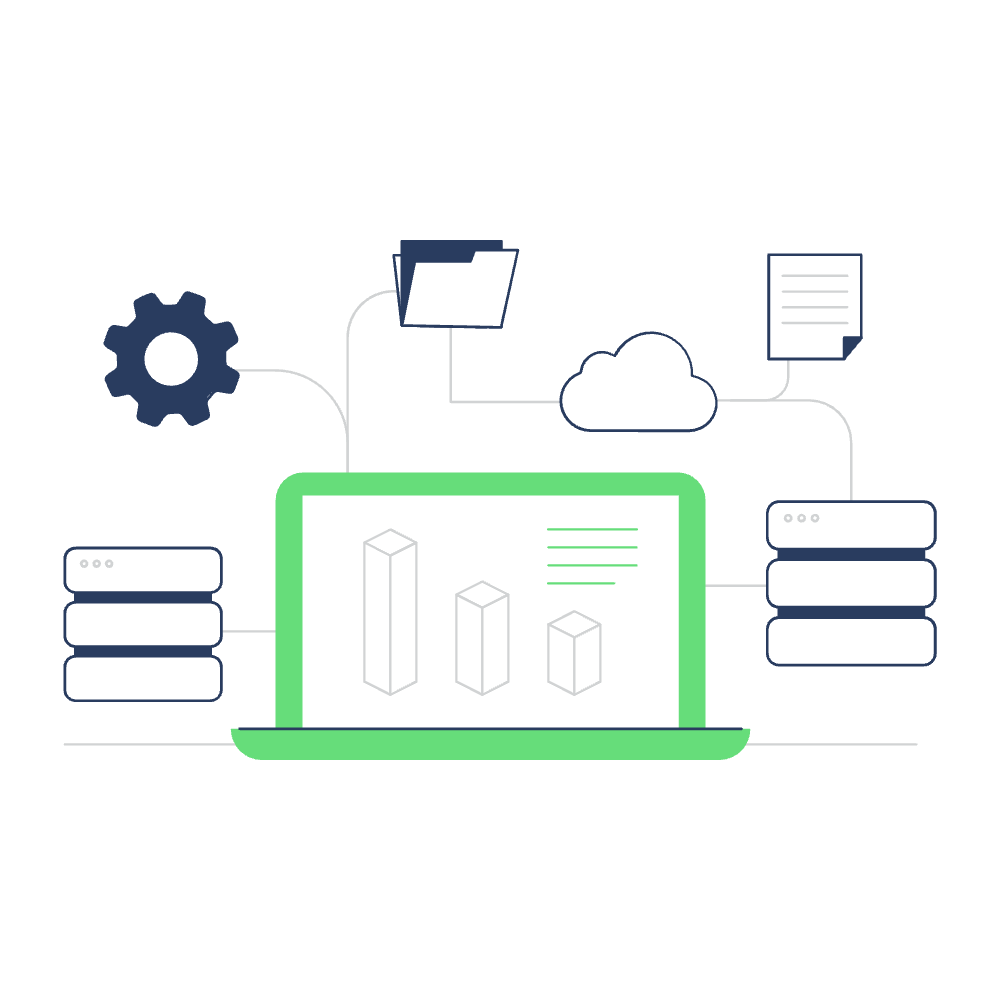 Abbildung eines Laptops mit Balkendiagrammen auf dem Bildschirm, verbunden mit verschiedenen Symbolen, darunter ein Zahnrad, eine Cloud, ein Dateiordner und Dokumente, die die Datenintegration und das Cloud-Computing durch die WordPress-Erweiterung darstellen.