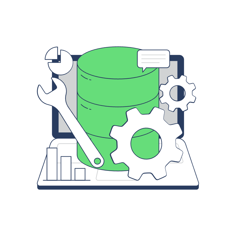 Abbildung eines grünen Datenbankzylinders, umgeben von Werkzeugen und Diagrammen. Ein Schraubenschlüssel und ein Zahnrad stehen für Wartung, während Diagramme und eine Sprechblase Datenanalyse und Kommunikation andeuten. Die Elemente ruhen auf einem Laptop und symbolisieren eine technische Umgebung oder mögliche WordPress-Erweiterungsmöglichkeiten.