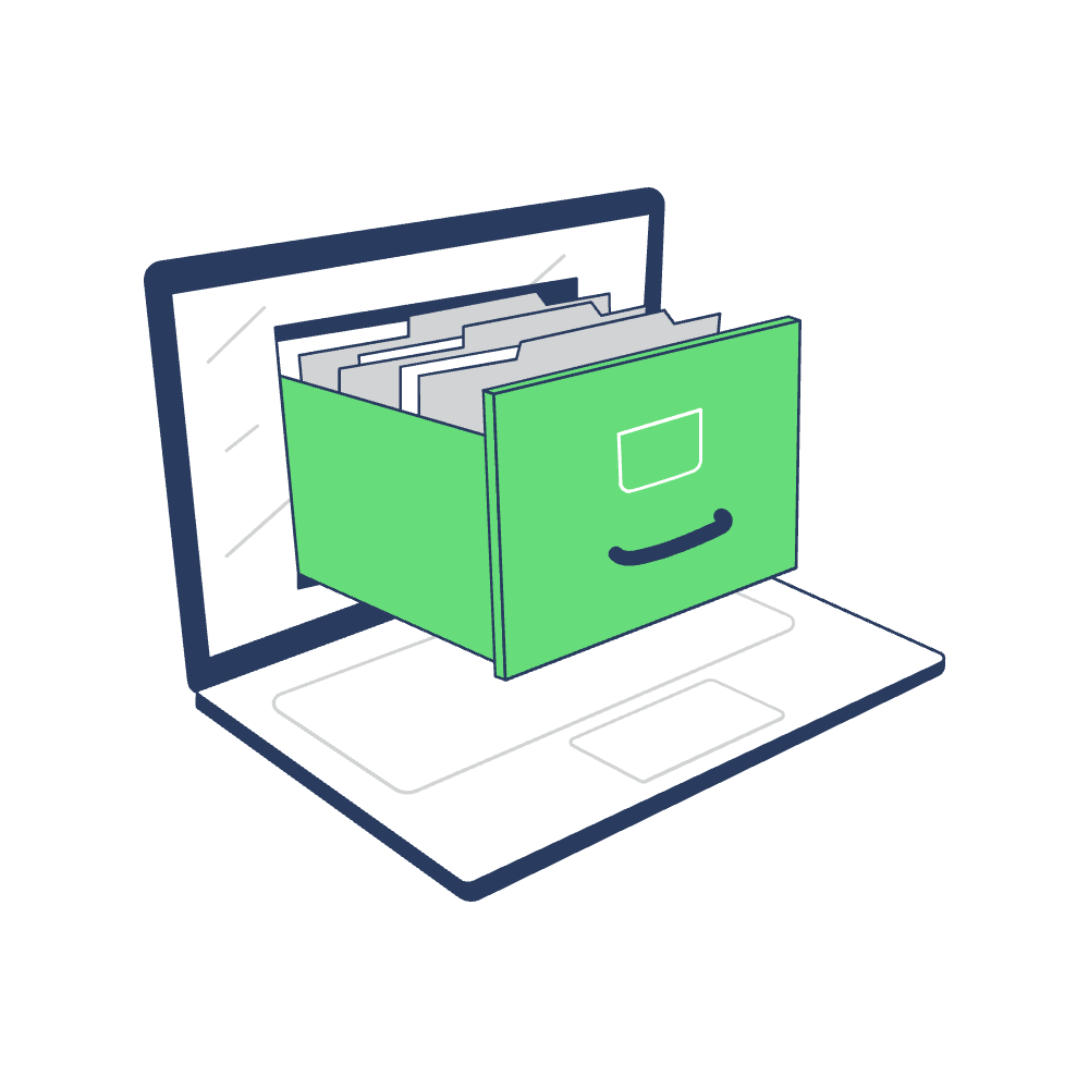 Abbildung eines Laptops mit einer offenen Schublade, die aus dem Bildschirm herausragt und mit geordneten Aktenordnern gefüllt ist. Die grüne Schublade symbolisiert digitale Dateiverwaltung oder Online-Speicherlösungen, ideal für effizientes WordPress-Management oder Website-Wartung.