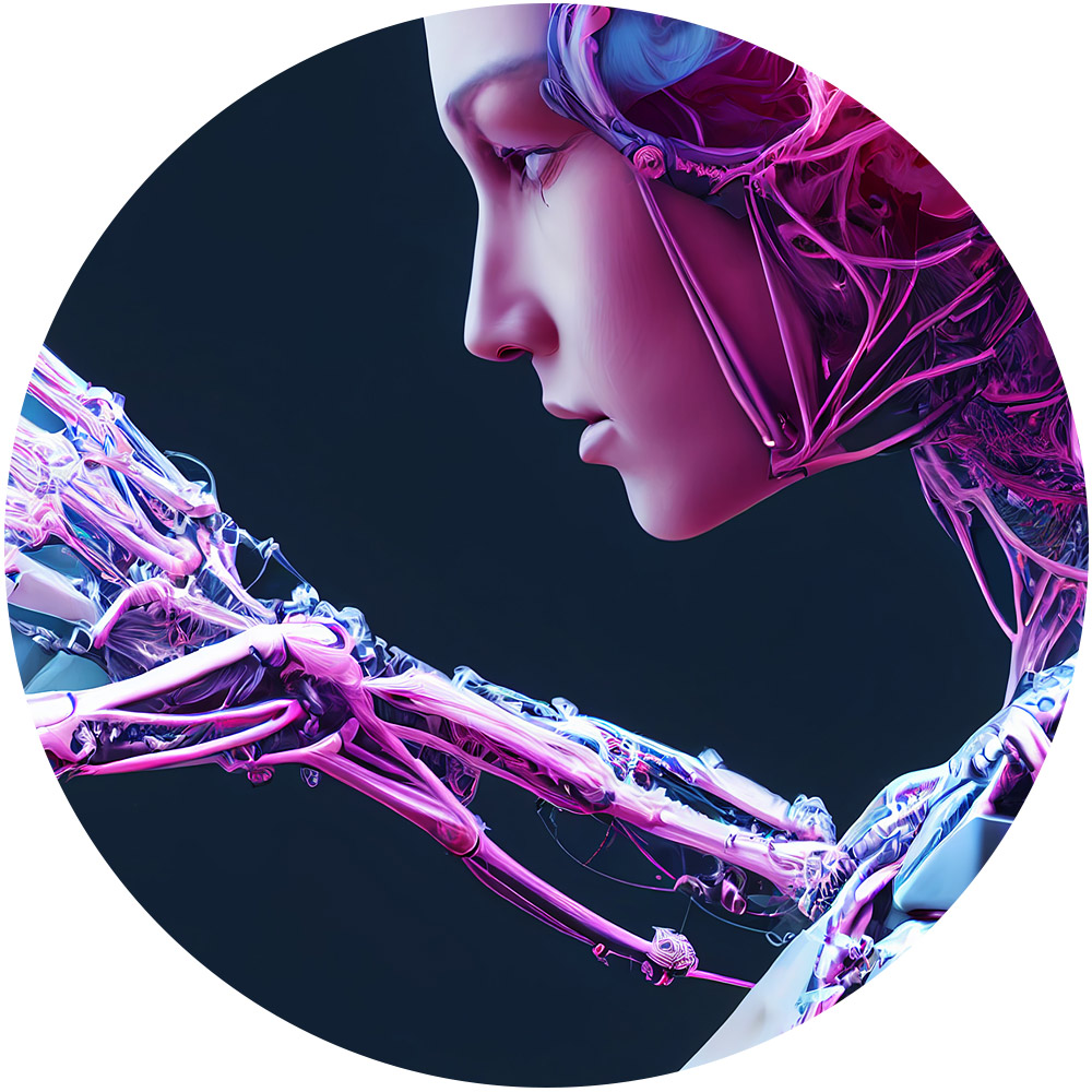 Eine digitale Illustration zeigt einen humanoiden Roboter im Profil, der über komplizierte, durchscheinende Schaltkreise in Rosa- und Blautönen verfügt. Das Design spiegelt Ki-Bildgenerierung wider und hebt seine Komplexität mit einem klaren Fokus auf den detaillierten mechanischen Arm hervor.