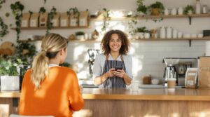 Ein Barista mit lockigem Haar und Schürze lächelt, während er im gemütlichen Café die Bestellung eines Kunden auf einem Tablet aufnimmt. Im Vordergrund sitzt ein Kunde im orangefarbenen Pullover an der Holztheke und genießt die einladende Umgebung. Im Hintergrund sind Regale mit Pflanzen und Gefäßen zu sehen.
