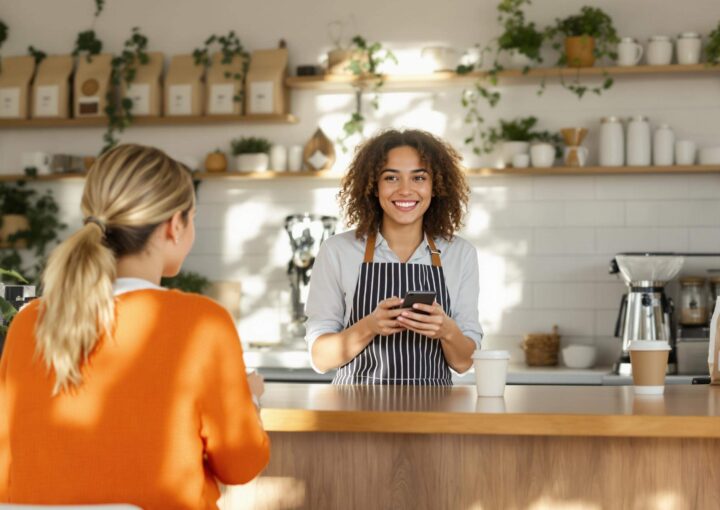 Ein Barista mit lockigem Haar und Schürze lächelt, während er im gemütlichen Café die Bestellung eines Kunden auf einem Tablet aufnimmt. Im Vordergrund sitzt ein Kunde im orangefarbenen Pullover an der Holztheke und genießt die einladende Umgebung. Im Hintergrund sind Regale mit Pflanzen und Gefäßen zu sehen.