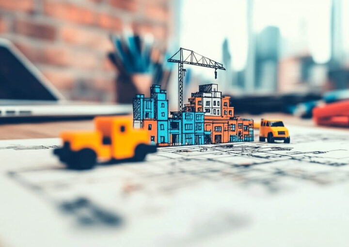 Ein Modell einer Baustelle zeigt farbenfrohe Miniaturgebäude, Fahrzeuge und einen Kran auf einem Bauplan. Der unscharfe Hintergrund enthält Büromaterial, einen Laptop und Dokumente auf „Baukasten-Websites“. Diese Mischung verleiht Ihrer Geschäftslösung eine kreative Arbeitsatmosphäre.