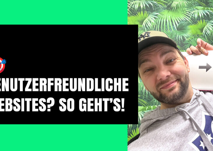 Eine Person mit Kapuzenpullover und Mütze lächelt und hält ein Buch mit dem Titel „Web Fatale“ neben ihrem Kopf. Der Hintergrund zeigt eine grüne Tapete mit Blättern. Der Text auf einem schwarzen Rechteck lautet „BENUTZERFREUNDLICHE WEBSITES? WENIGER IST MEHR!“ mit einem Zielsymbol, was die Einfachheit des Designs betont.