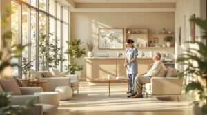 Ein hell erleuchteter, moderner Warteraum mit großen Fenstern, Pflanzen und bequemen Sitzgelegenheiten. Ein Pfleger im OP-Kittel steht mit einem Klemmbrett in der Hand neben einem älteren Mann, der auf einem Sofa sitzt. An der Wand hinter einem Empfangstresen hängt eine Weltkarte.