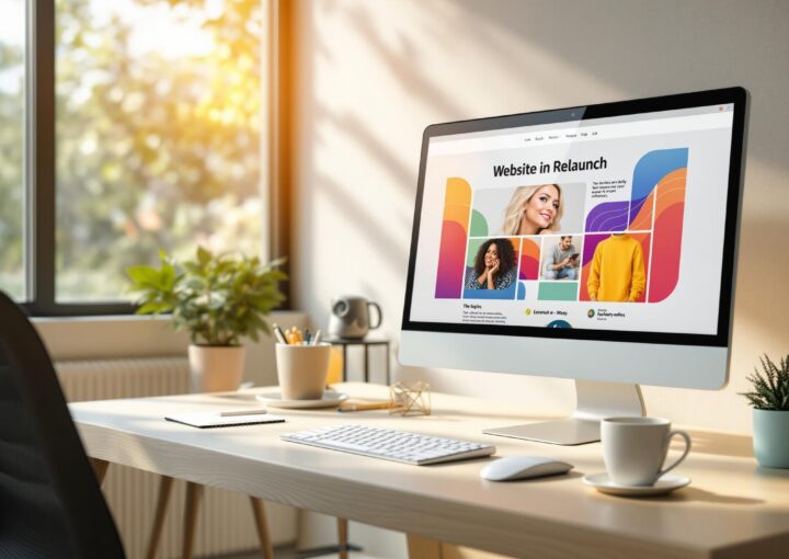 Ein moderner Büroschreibtisch mit einem Computer, auf dem ein farbenfrohes Website-Design angezeigt wird. Um den Schreibtisch herum stehen verschiedene Gegenstände wie eine Kaffeetasse, Notizbücher und Pflanzen. Sonnenlicht fällt durch ein großes Fenster und schafft eine warme Atmosphäre.