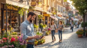 Ein Mann steht lächelnd auf einer hübschen Kopfsteinpflasterstraße und benutzt dabei einen Laptop. In der Nähe sind Geschäfte mit „SEO“-Schildern zu sehen, im Hintergrund laufen zwei Frauen Hand in Hand. Die Straße ist gesäumt von bunten Blumen und malerischen Ladenfronten.