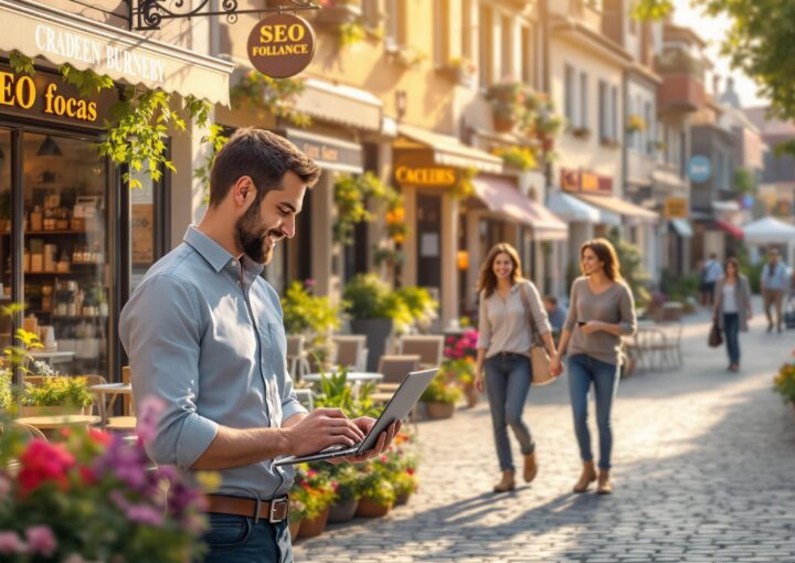 Ein Mann steht lächelnd auf einer hübschen Kopfsteinpflasterstraße und benutzt dabei einen Laptop. In der Nähe sind Geschäfte mit „SEO“-Schildern zu sehen, im Hintergrund laufen zwei Frauen Hand in Hand. Die Straße ist gesäumt von bunten Blumen und malerischen Ladenfronten.