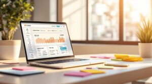 Auf einem Laptop auf einem Schreibtisch werden SEO-Analysediagramme angezeigt. Auf dem Schreibtisch liegen überall bunte Haftnotizen herum, und durch die großen Fenster fällt Sonnenlicht in den Raum, was für eine warme Atmosphäre sorgt.