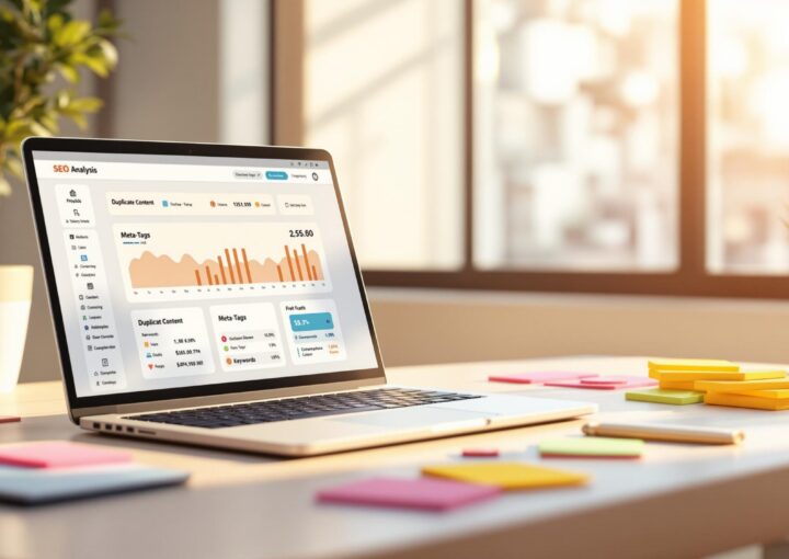 Auf einem Laptop auf einem Schreibtisch werden SEO-Analysediagramme angezeigt. Auf dem Schreibtisch liegen überall bunte Haftnotizen herum, und durch die großen Fenster fällt Sonnenlicht in den Raum, was für eine warme Atmosphäre sorgt.