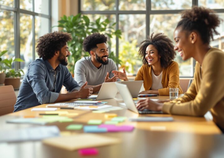 Eine Gruppe von vier Kollegen sitzt an einem Konferenztisch und diskutiert angeregt. Laptops, Notizbücher und bunte Haftnotizen liegen auf dem Tisch. Sonnenlicht fällt durch große Fenster und grüne Pflanzen verleihen der modernen Büroumgebung eine natürliche Note.