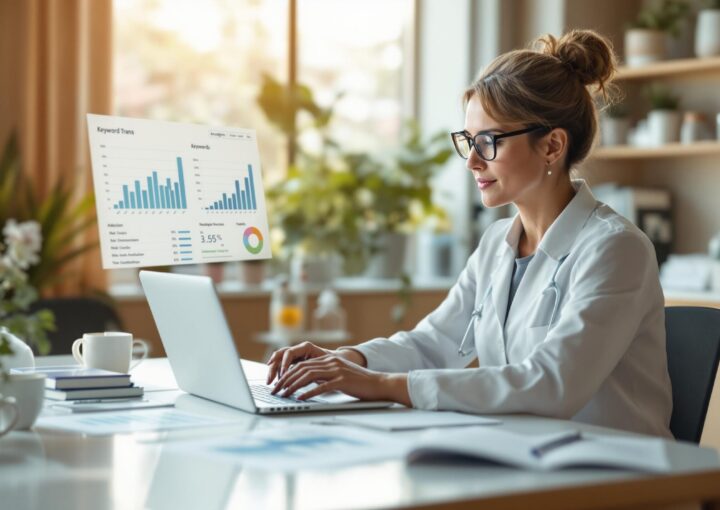 Eine Frau im weißen Kittel arbeitet in einem hellen, modernen Büro an einem Laptop. Sie trägt eine Brille und ist konzentriert. Neben ihr hängt ein schwebendes Datendiagramm mit Grafiken und Statistiken. Der Raum ist mit Pflanzen dekoriert und hat eine warme, einladende Atmosphäre.