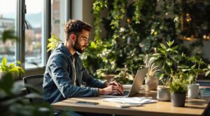 Ein Mann arbeitet an einem Laptop an einem Holzschreibtisch, umgeben von grünen Pflanzen in einem hellen Raum. Das Sonnenlicht fällt durch ein großes Fenster und erhellt den Raum. Auf dem Schreibtisch liegen auch mehrere Bücher und ein Telefon.