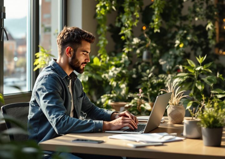 Ein Mann arbeitet an einem Laptop an einem Holzschreibtisch, umgeben von grünen Pflanzen in einem hellen Raum. Das Sonnenlicht fällt durch ein großes Fenster und erhellt den Raum. Auf dem Schreibtisch liegen auch mehrere Bücher und ein Telefon.