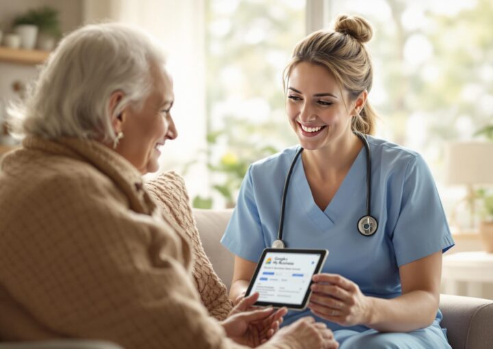 Eine Krankenschwester im blauen Kittel lächelt und hält ein Tablet in der Hand, auf dem sie einer älteren Frau mit weißem Haar Gesundheitsinformationen anzeigt. Die Frau sitzt in eine braune Decke gehüllt auf einem Sofa. Die Szenerie scheint ein gemütliches, gut beleuchtetes Wohnzimmer zu sein.
