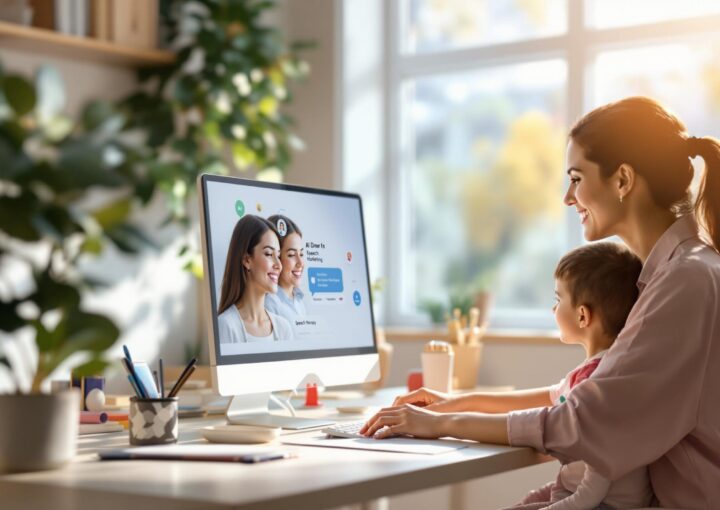 Eine Frau und ein Kind sitzen an einem Schreibtisch in einem hellen Raum mit großen Fenstern. Die Frau benutzt einen Computer. Auf dem Schreibtisch stehen ordentlich Büromaterial und Pflanzen, und der Raum ist mit natürlichem Licht durchflutet.
