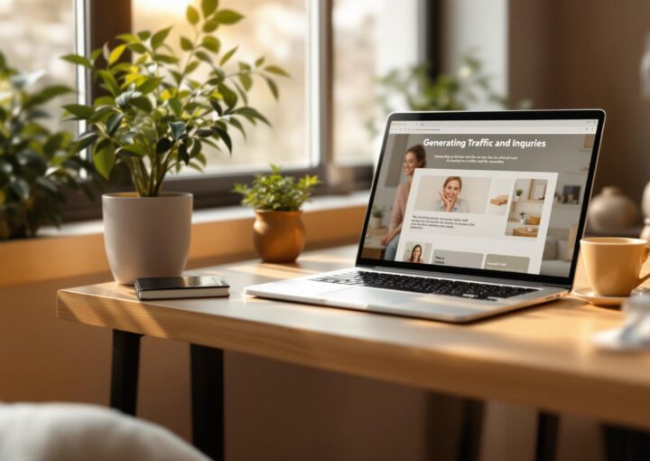 Ein gemütliches Home-Office mit einem Laptop, auf dem eine Website mit dem Titel „Verkehr und Anfragen generieren“ angezeigt wird. Auf dem Schreibtisch stehen Topfpflanzen und ein Smartphone. Weiches Tageslicht durch ein großes Fenster verstärkt die warme, einladende Atmosphäre.