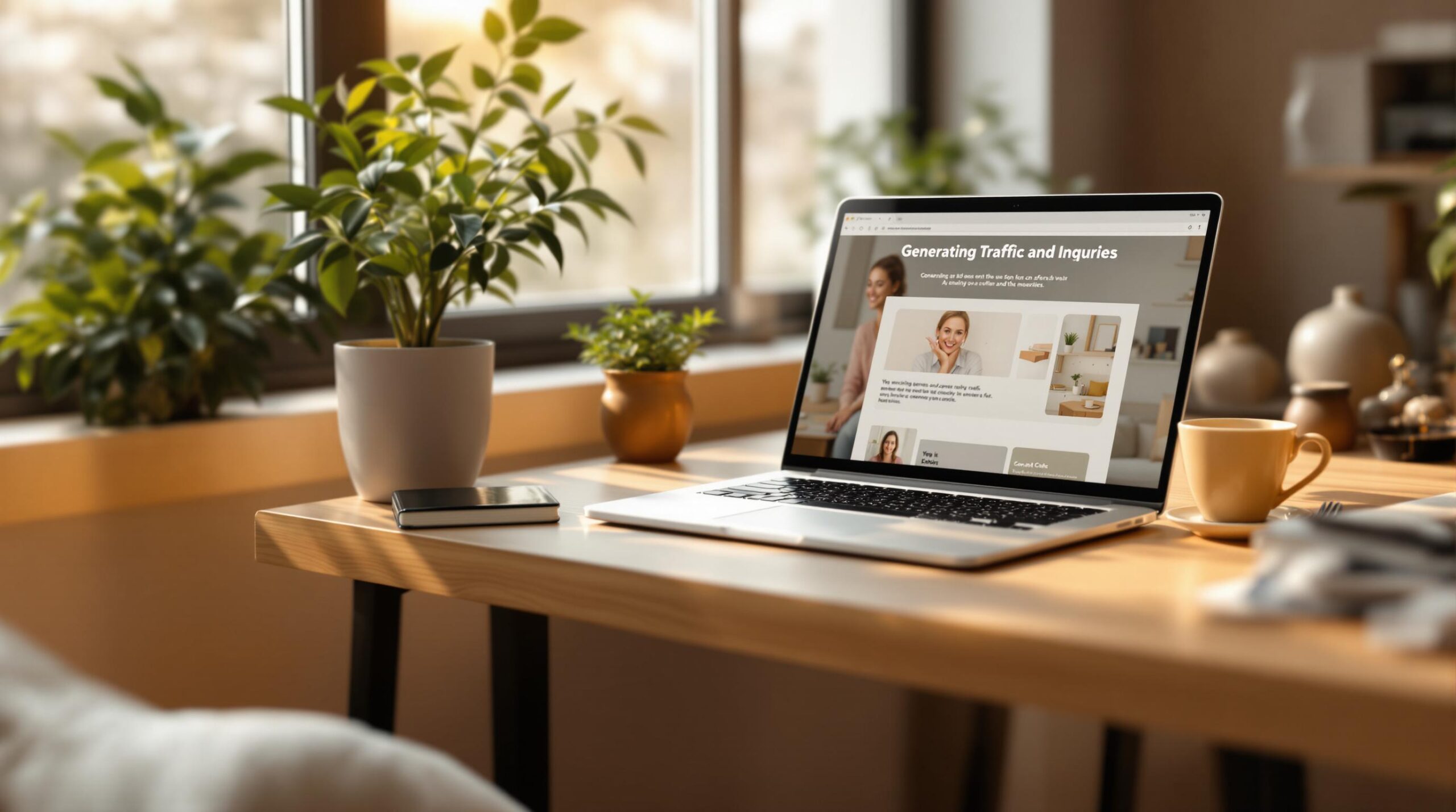 Ein gemütliches Home-Office mit einem Laptop, auf dem eine Website mit dem Titel „Verkehr und Anfragen generieren“ angezeigt wird. Auf dem Schreibtisch stehen Topfpflanzen und ein Smartphone. Weiches Tageslicht durch ein großes Fenster verstärkt die warme, einladende Atmosphäre.