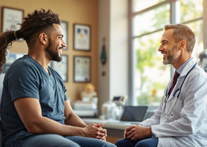Ein Arzt und ein Patient sitzen sich in einem Büro gegenüber, lächeln und unterhalten sich. Der Arzt trägt einen weißen Kittel, während der Patient einen Pferdeschwanz hat. Zertifikate schmücken die Wand und Sonnenlicht fällt durch ein Fenster.