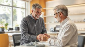 Zwei Männer mittleren Alters mit grauem Haar lächeln und schütteln sich in einem hellen Büro die Hände. Einer sitzt mit einem Laptop an einem Schreibtisch, während der andere mit einem kleinen Paket dasteht. Sie scheinen ein fröhliches Gespräch zu führen.
