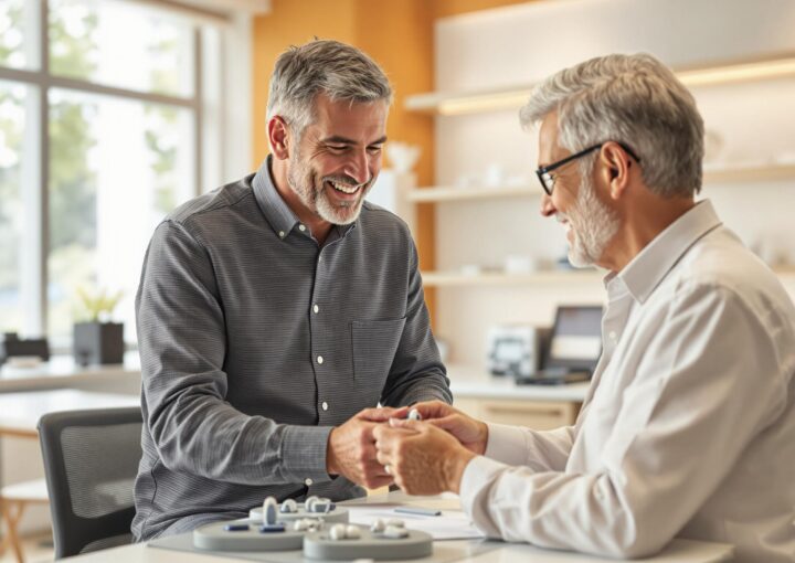 Zwei Männer mittleren Alters mit grauem Haar lächeln und schütteln sich in einem hellen Büro die Hände. Einer sitzt mit einem Laptop an einem Schreibtisch, während der andere mit einem kleinen Paket dasteht. Sie scheinen ein fröhliches Gespräch zu führen.