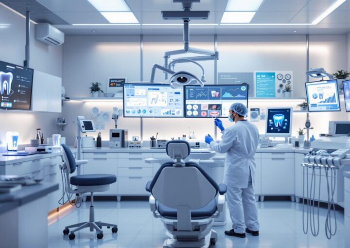 Eine High-Tech-Zahnklinik mit einem Zahnarztstuhl in der Mitte, umgeben von mehreren Bildschirmen, auf denen zahnmedizinische Informationen angezeigt werden. Ein Zahnarzt in OP-Kleidung und Kappe steht neben dem Stuhl und stellt die Geräte ein. Der Raum ist hell und modern, mit Pflanzen auf den Theken.