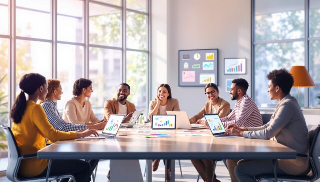Eine bunt gemischte Gruppe von Menschen sitzt mit Laptops um einen Konferenztisch und diskutiert Geschäftsstrategien. Im Hintergrund werden auf Bildschirmen Diagramme und Grafiken angezeigt. Der Raum ist durch große Fenster mit natürlichem Licht durchflutet.