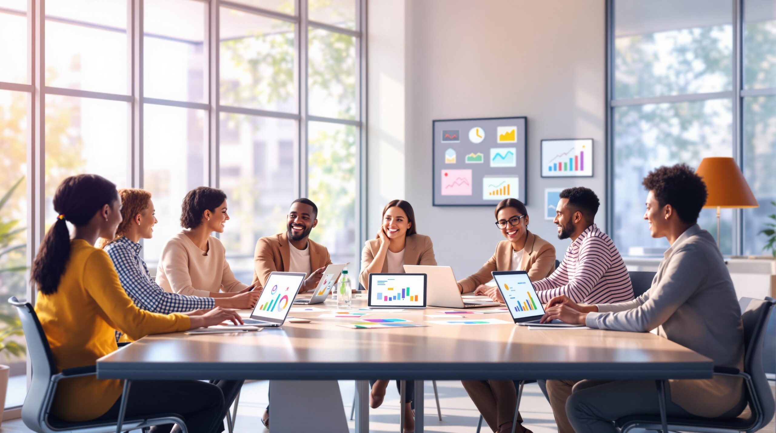 Eine bunt gemischte Gruppe von Menschen sitzt mit Laptops um einen Konferenztisch und diskutiert Geschäftsstrategien. Im Hintergrund werden auf Bildschirmen Diagramme und Grafiken angezeigt. Der Raum ist durch große Fenster mit natürlichem Licht durchflutet.