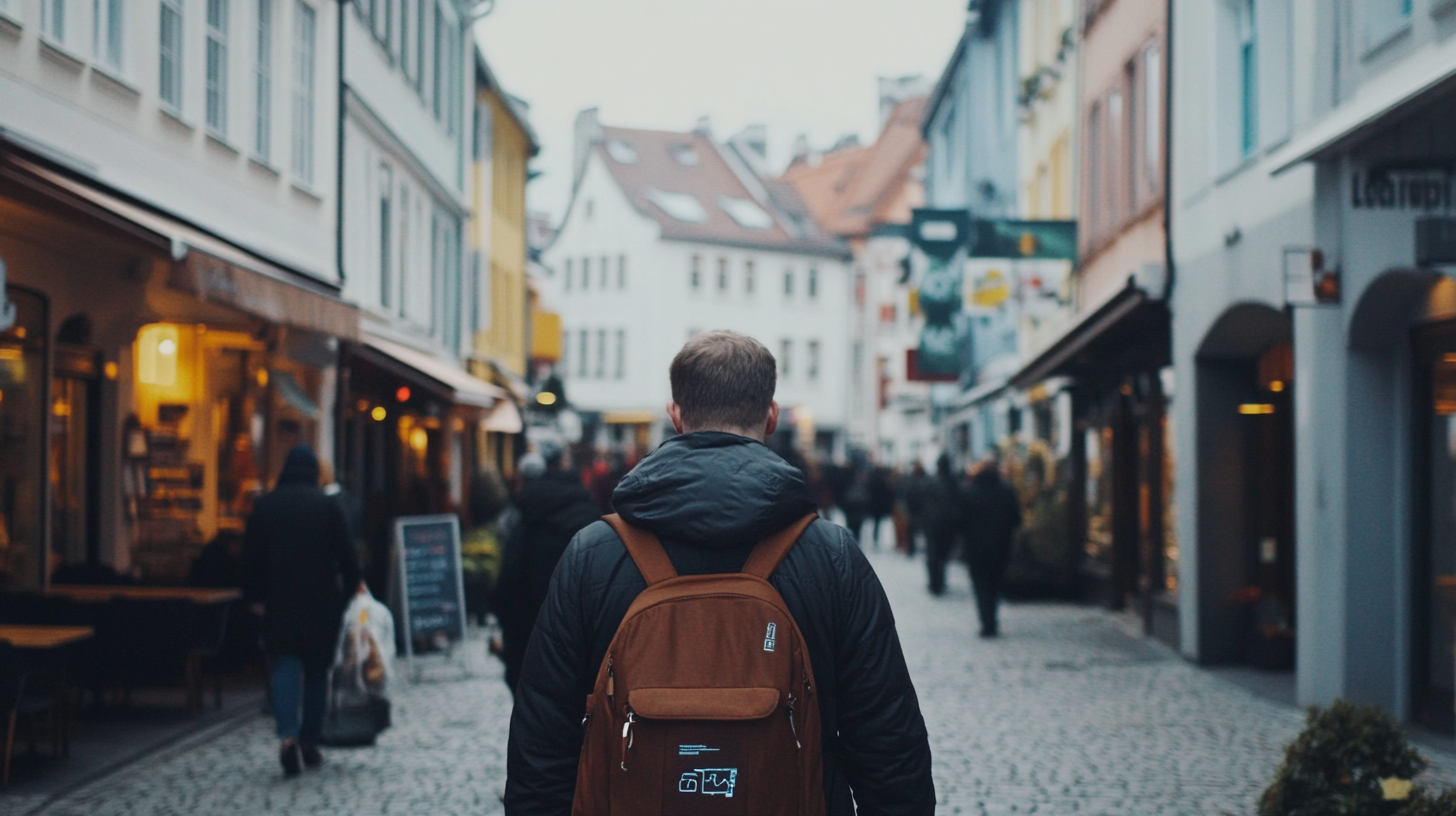 Eine Person mit einem braunen Rucksack spaziert eine Kopfsteinpflasterstraße entlang, die von bunten Geschäften gesäumt ist. Der Himmel ist bewölkt, und das geschäftige Treiben verleiht der lebendigen Stadt einen besonderen Charme, der an eine SEO-Agentur in Ravensburg erinnert. Im Hintergrund schlendern Menschen gemächlich und fügen der Szenerie Lebendigkeit hinzu.