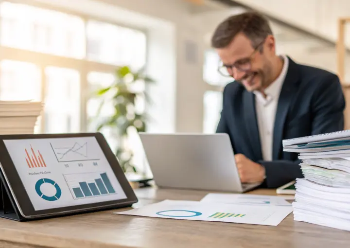 Ein Mann im Anzug lächelt, während er an seinem Laptop arbeitet und in SEO-Berichte vertieft ist. Ein Tablet neben ihm zeigt Diagramme und Grafiken zwischen Papierstapeln an. Die Büroumgebung ist mit Pflanzen und großen Fenstern ausgestattet, was eine produktive Atmosphäre schafft.