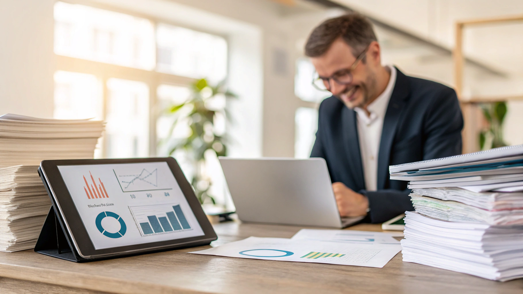 Ein Mann im Anzug lächelt, während er an seinem Laptop arbeitet und in SEO-Berichte vertieft ist. Ein Tablet neben ihm zeigt Diagramme und Grafiken zwischen Papierstapeln an. Die Büroumgebung ist mit Pflanzen und großen Fenstern ausgestattet, was eine produktive Atmosphäre schafft.