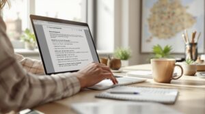Eine Person tippt auf einem Laptop an einem Holztisch mit Notizblöcken und Kaffeetassen. Sonnenlicht fällt durch ein Fenster und im Hintergrund hängt eine Karte an der Wand. Auf dem Bildschirm ist Text in einem Dokument zu sehen.