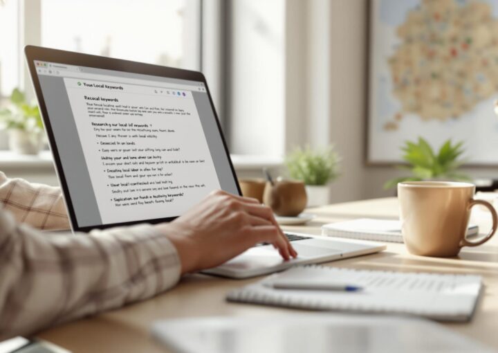 Eine Person tippt auf einem Laptop an einem Holztisch mit Notizblöcken und Kaffeetassen. Sonnenlicht fällt durch ein Fenster und im Hintergrund hängt eine Karte an der Wand. Auf dem Bildschirm ist Text in einem Dokument zu sehen.