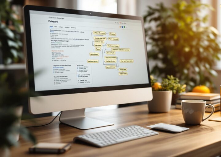 Auf einem Holzschreibtisch steht ein Computermonitor, auf dem eine kategorisierte Aufgabenliste angezeigt wird. Daneben gibt es eine Tastatur, eine Maus und eine Kaffeetasse. Sonnenlicht fällt durch ein Fenster, beleuchtet Pflanzen und schafft eine warme, einladende Arbeitsatmosphäre.