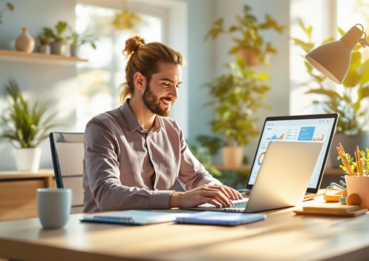 Eine Person mit Bart und Pferdeschwanz arbeitet an einem Laptop an einem Schreibtisch. Der Raum ist sonnendurchflutet und mit Pflanzen und Regalen dekoriert. Neben dem Laptop steht ein Monitor mit Diagrammen. Auf dem Schreibtisch stehen eine Kaffeetasse und Bücher.
