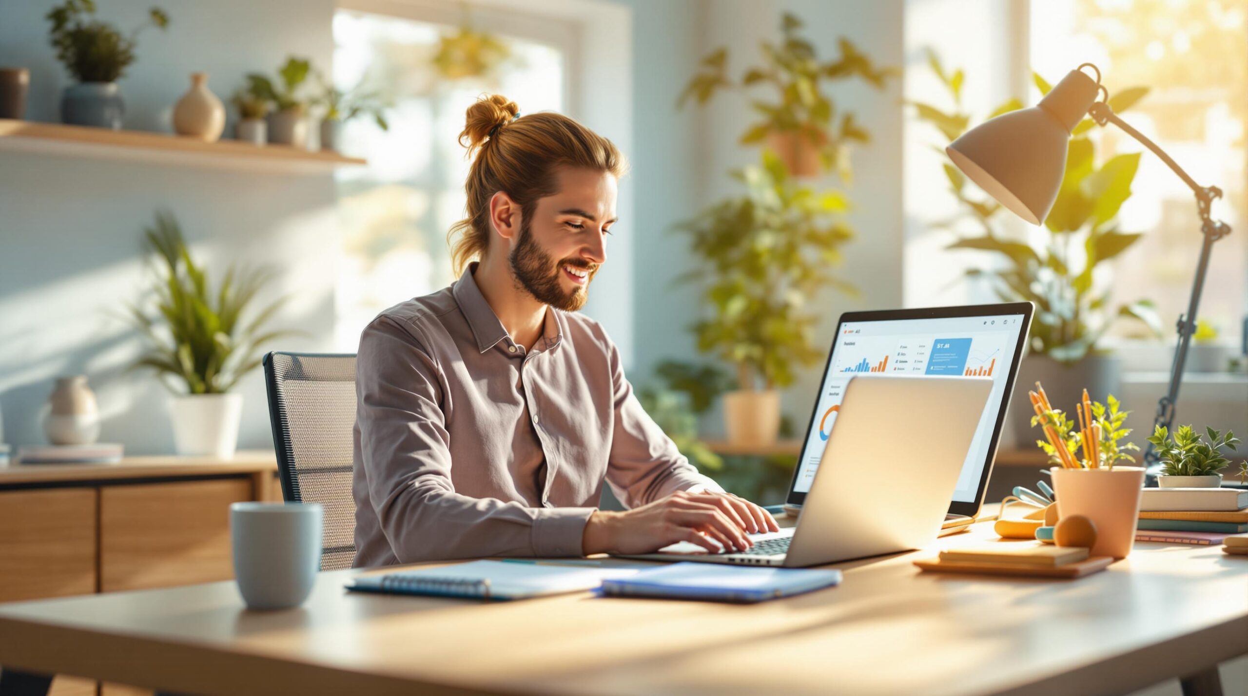 Eine Person mit Bart und Pferdeschwanz arbeitet an einem Laptop an einem Schreibtisch. Der Raum ist sonnendurchflutet und mit Pflanzen und Regalen dekoriert. Neben dem Laptop steht ein Monitor mit Diagrammen. Auf dem Schreibtisch stehen eine Kaffeetasse und Bücher.