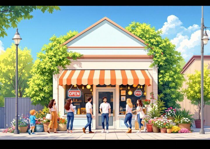 Ein charmanter kleiner Laden mit einem „Geöffnet“-Schild und einer gestreiften Markise ist von üppigen Pflanzen und Blumen umgeben. Die Leute sitzen draußen und unterhalten sich unter einem klaren blauen Himmel, während die Straßenlaternen und Bäume den Bürgersteig säumen.