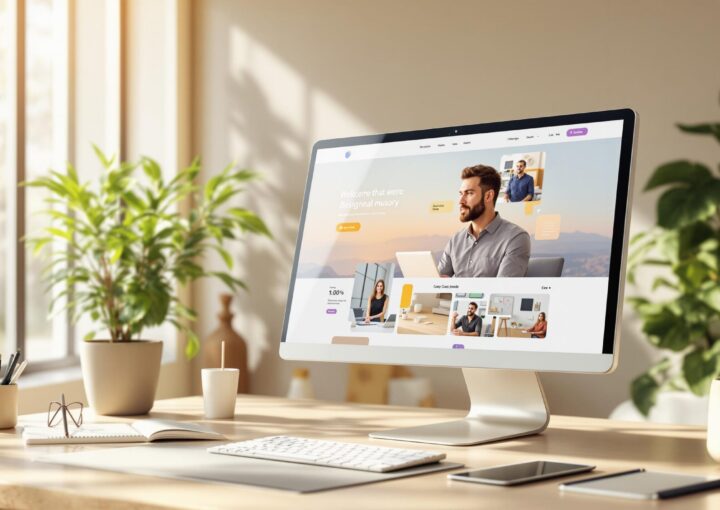 Ein Computer auf einem Holzschreibtisch zeigt eine Website an. Zur Ausstattung gehören eine Tastatur, eine Maus, Notizbücher, ein Stifthalter und Topfpflanzen. Sonnenlicht erhellt den Arbeitsbereich und schafft eine warme und einladende Atmosphäre.