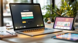 Ein Laptop mit einer interaktiven Quizoberfläche und Optionen auf einem Schreibtisch, neben einem Tablet mit einem Produkt-Builder mit Diagrammen. Auf dem Schreibtisch liegen ein Notizbuch, Stifte, ein Taschenrechner und eine Pflanze vor einem unscharfen natürlichen Hintergrund.