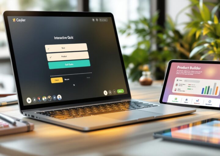Ein Laptop mit einer interaktiven Quizoberfläche und Optionen auf einem Schreibtisch, neben einem Tablet mit einem Produkt-Builder mit Diagrammen. Auf dem Schreibtisch liegen ein Notizbuch, Stifte, ein Taschenrechner und eine Pflanze vor einem unscharfen natürlichen Hintergrund.
